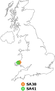 map showing distance between SA38 and SA41