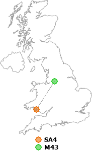 map showing distance between SA4 and M43
