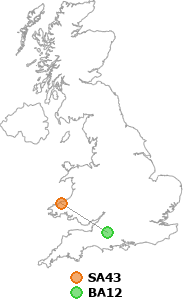 map showing distance between SA43 and BA12