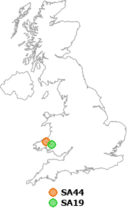map showing distance between SA44 and SA19