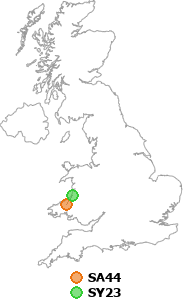 map showing distance between SA44 and SY23