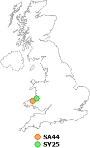 map showing distance between SA44 and SY25