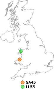 map showing distance between SA45 and LL55