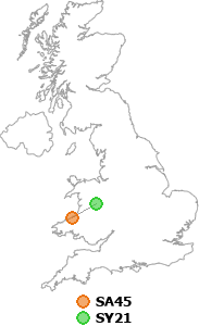 map showing distance between SA45 and SY21