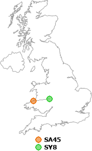 map showing distance between SA45 and SY8