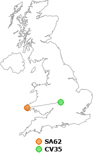 map showing distance between SA62 and CV35