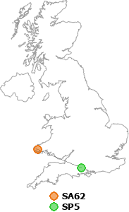 map showing distance between SA62 and SP5