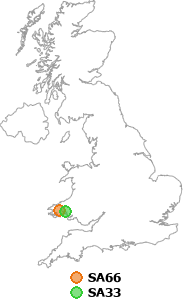 map showing distance between SA66 and SA33