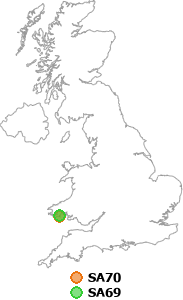 map showing distance between SA70 and SA69
