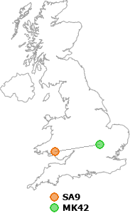 map showing distance between SA9 and MK42
