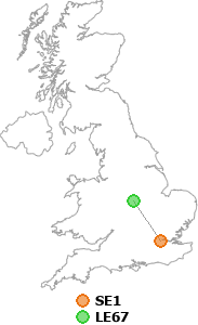 map showing distance between SE1 and LE67