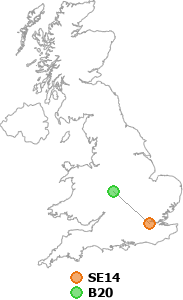 map showing distance between SE14 and B20