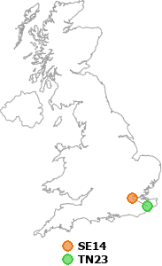 map showing distance between SE14 and TN23