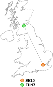map showing distance between SE15 and EH47