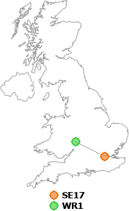 map showing distance between SE17 and WR1