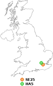 map showing distance between SE25 and HA5