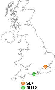 map showing distance between SE7 and BH12