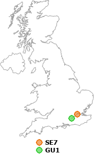 map showing distance between SE7 and GU1