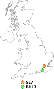 map showing distance between SE7 and RH13