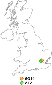 map showing distance between SG14 and AL2
