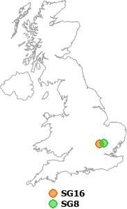 map showing distance between SG16 and SG8