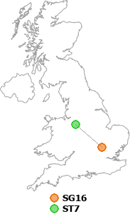 map showing distance between SG16 and ST7