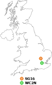 map showing distance between SG16 and WC2N