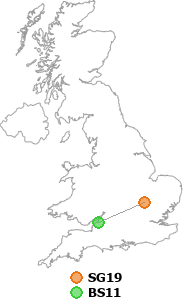 map showing distance between SG19 and BS11