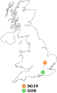 map showing distance between SG19 and GU8