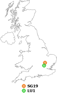 map showing distance between SG19 and LU1