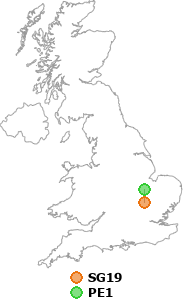 map showing distance between SG19 and PE1