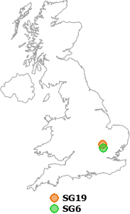 map showing distance between SG19 and SG6