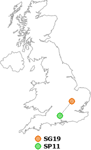 map showing distance between SG19 and SP11