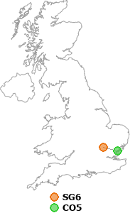 map showing distance between SG6 and CO5