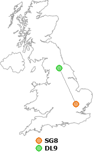map showing distance between SG8 and DL9