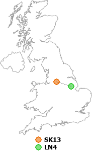 map showing distance between SK13 and LN4