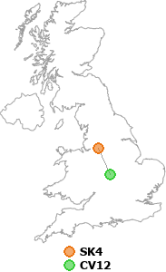 map showing distance between SK4 and CV12