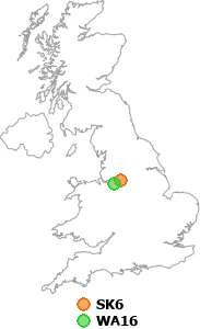 map showing distance between SK6 and WA16