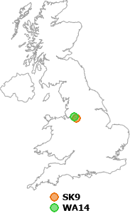 map showing distance between SK9 and WA14