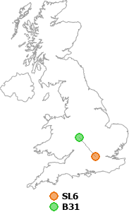 map showing distance between SL6 and B31