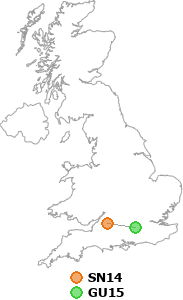 map showing distance between SN14 and GU15