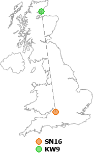 map showing distance between SN16 and KW9