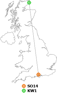 map showing distance between SO14 and KW1