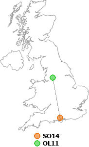 map showing distance between SO14 and OL11