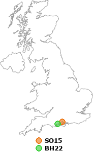 map showing distance between SO15 and BH22