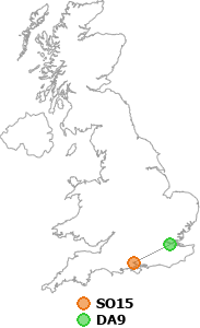 map showing distance between SO15 and DA9