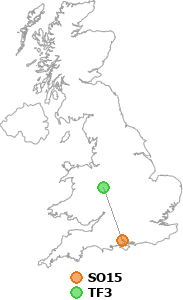 map showing distance between SO15 and TF3