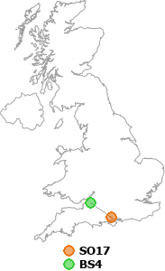 map showing distance between SO17 and BS4