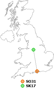 map showing distance between SO31 and SK17