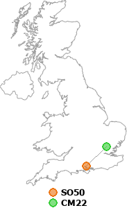map showing distance between SO50 and CM22
